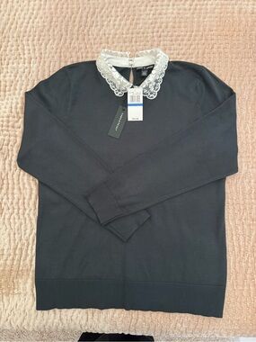 Dark Teal Long-Sleeve Sweater with White Lace Peter Pan Collar NWT